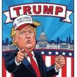 Cartoon of Donald Trump wearing 'Make America Great Again' cap with US Capitol background