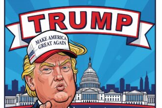 Cartoon of Donald Trump wearing 'Make America Great Again' cap with US Capitol background