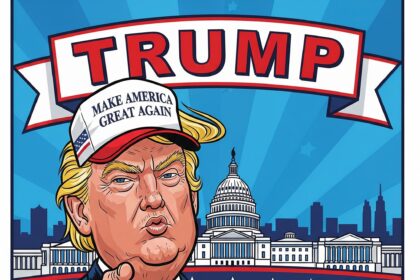 Cartoon of Donald Trump wearing 'Make America Great Again' cap with US Capitol background