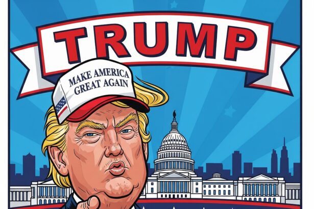 Cartoon of Donald Trump wearing 'Make America Great Again' cap with US Capitol background